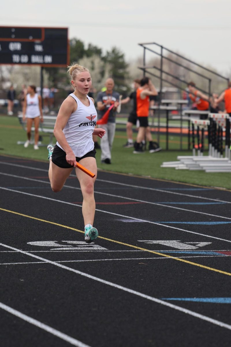Finishing the race, sophomore lane derwin ran the 4x2. On april 21 fenton track ran angst linden and lost. 
