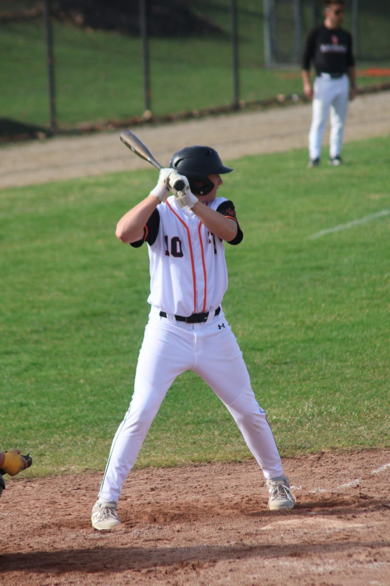 Waiting to hit the ball, Freshman Colin Ford is waiting for the pitcher to throw the ball. On April 13, Fenton boys baseball team played Kearsley with a win of 11-8
